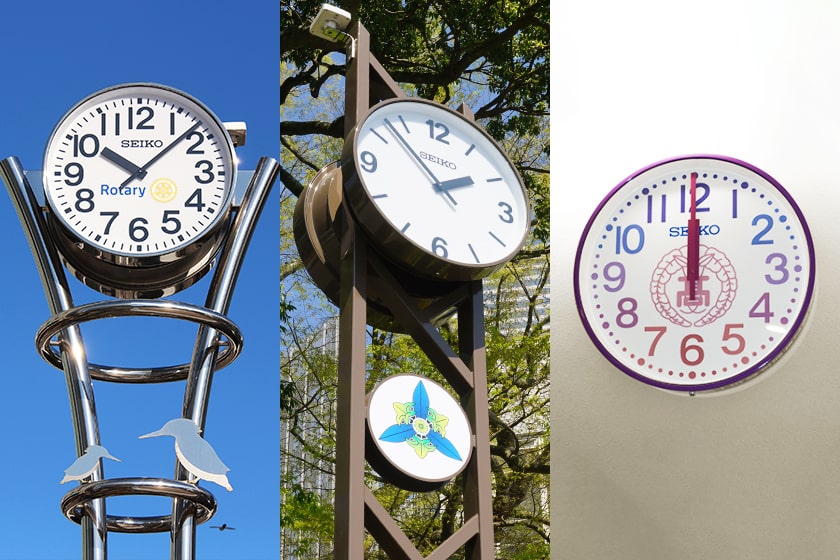 左から、藤沢駅 サンパール広場（神奈川県）、東洋大学附属牛久中学校・高等学校（茨城県）、龍谷富山高等学校（富山県）に設置されたモニュメントクロック