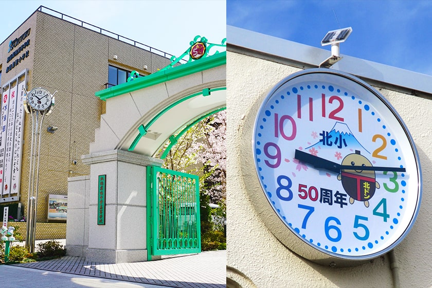 左から、淑徳巣鴨中学高等学校（東京都）、長泉町立北小学校（静岡県）に設置されたモニュメントクロック