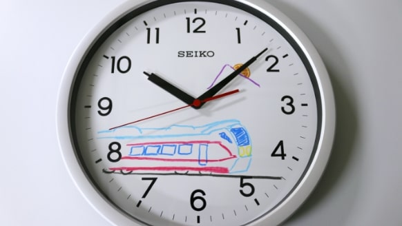 A clock with a picture of a train