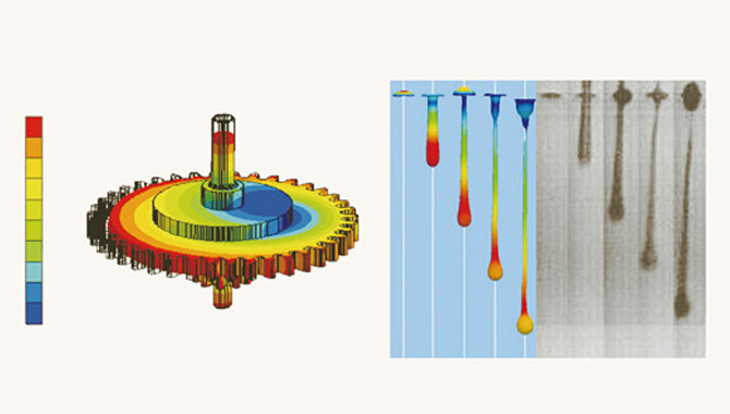 Images: Simulation of resin flow in gears (left) and ink ejection status.